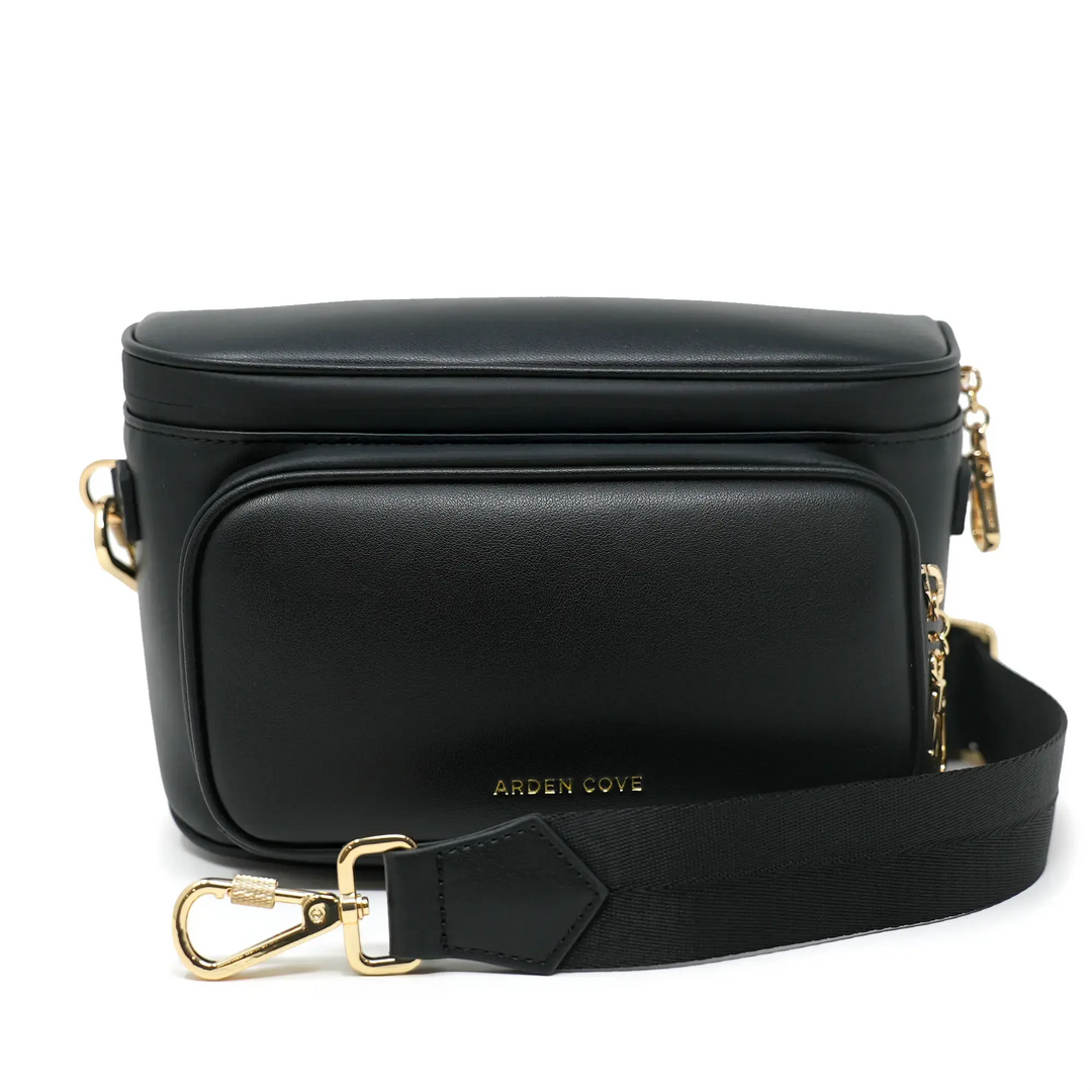 antigua crossbody wire travel bags Safe Anti-theft Water-resistant Travel Bum Bag Black-Gold / Slash-Resistant Faux Leather Short Wide Strap (26"