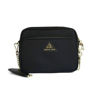  Anti-theft Water-resistant Travel Crossbody - Crissy Full Crossbody in Black Gold with slash-resistant chain & classic clasps straps - front view - Arden Cove