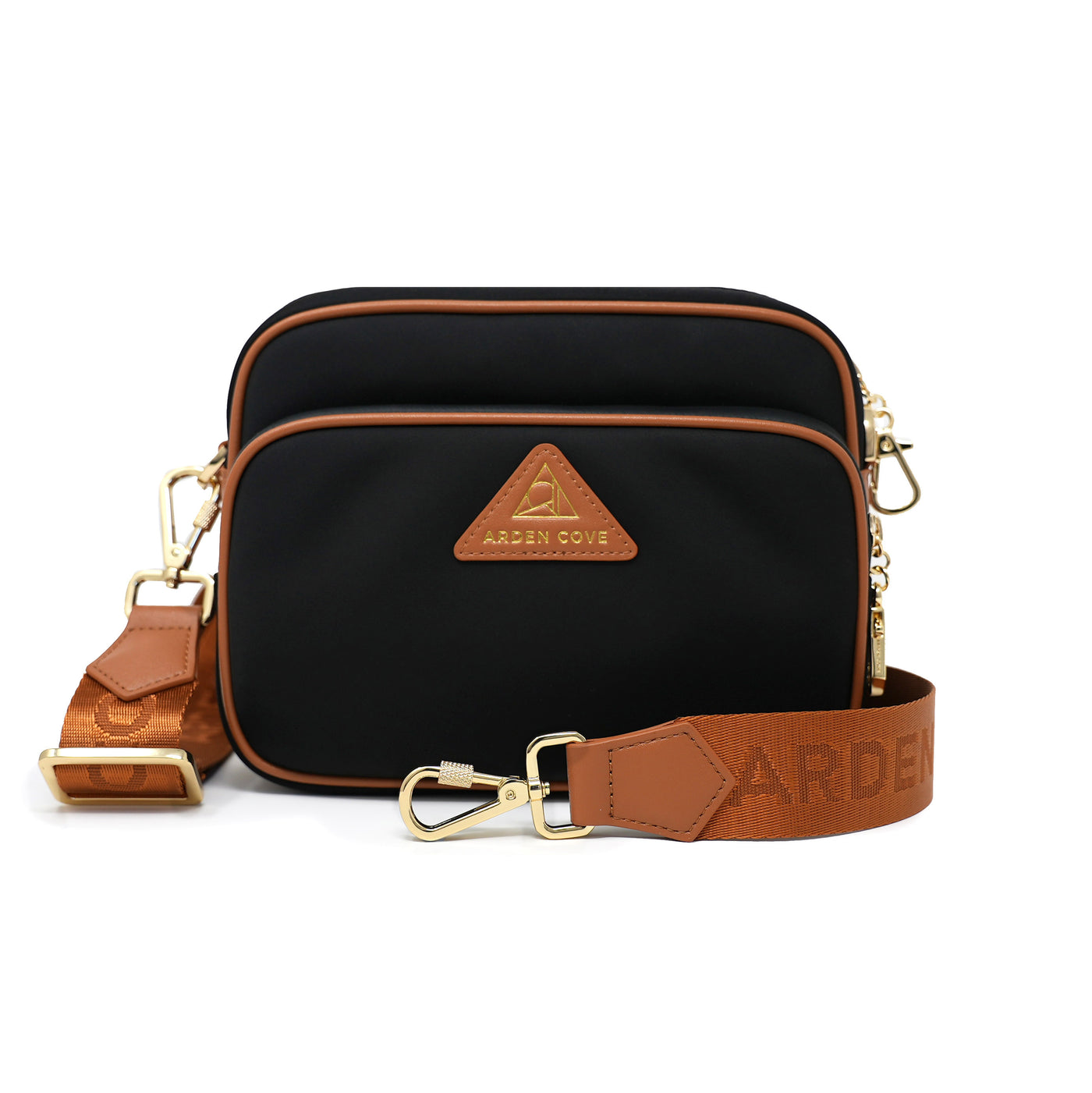 Anti-theft Water-resistant Travel Crossbody - Crissy Full Crossbody in Black/Brown Gold with locking clasps nylon jacquard straps - front view - Arden Cove