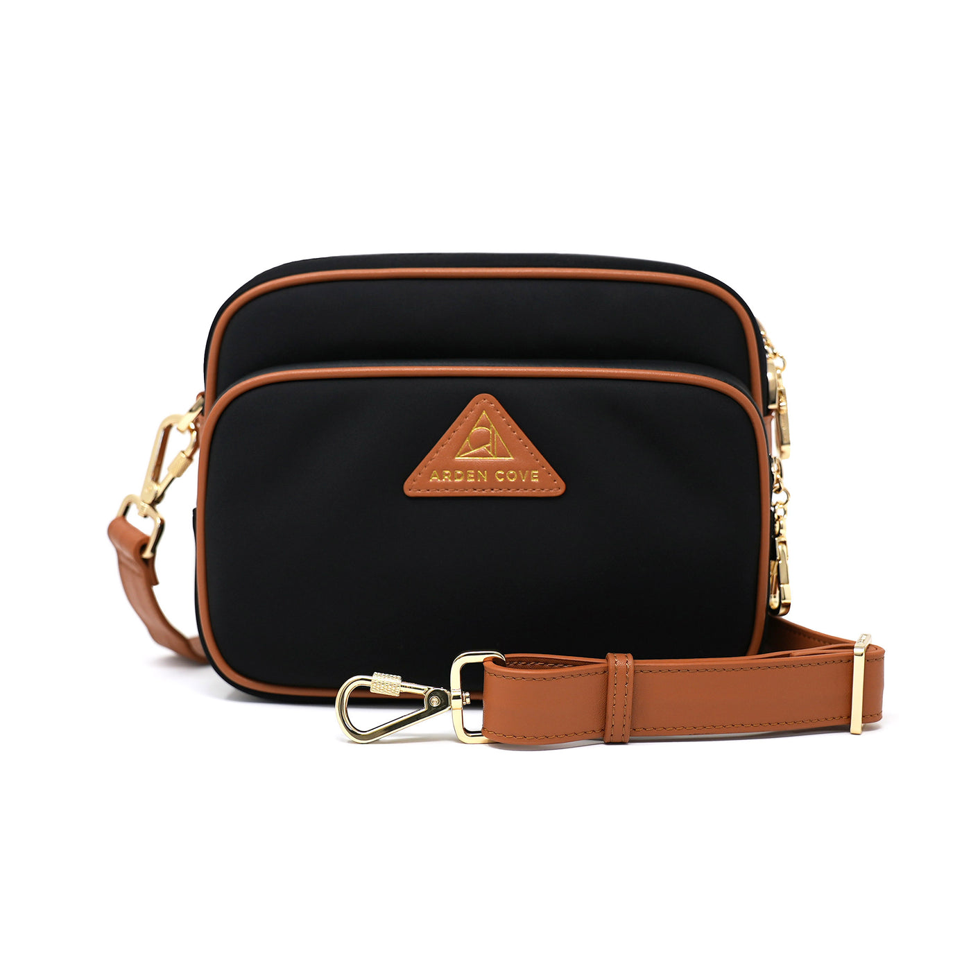 Anti-theft Water-resistant Travel Crossbody - Crissy Full Crossbody in Black/Brown Gold with slash-resistant wide faux leather locking clasps straps - front view - Arden Cove