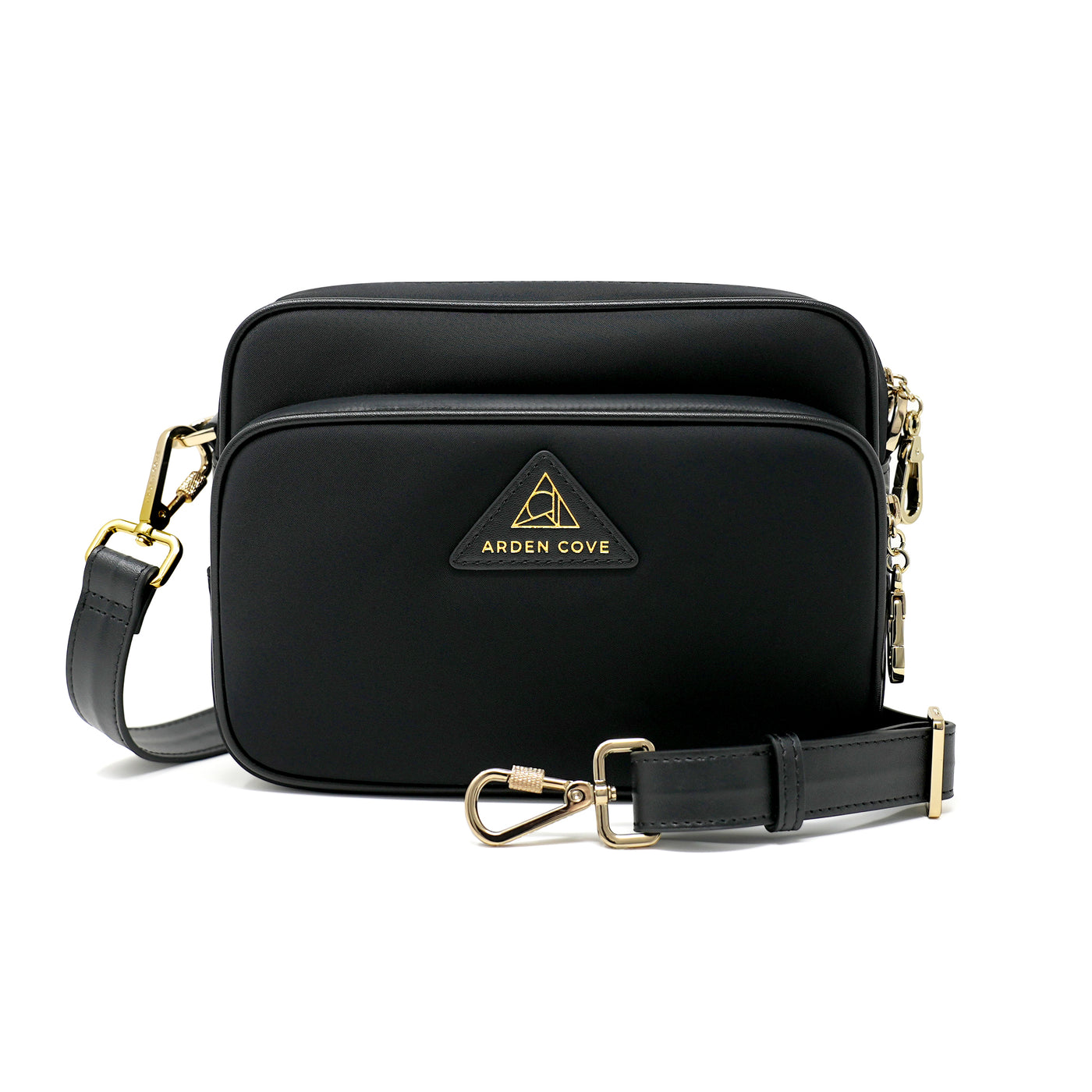 Anti-theft Water-resistant Travel Crossbody - Crissy Full Crossbody in Black Gold with slash-resistant wide faux leather strap & locking clasps straps - front view - Arden Cove