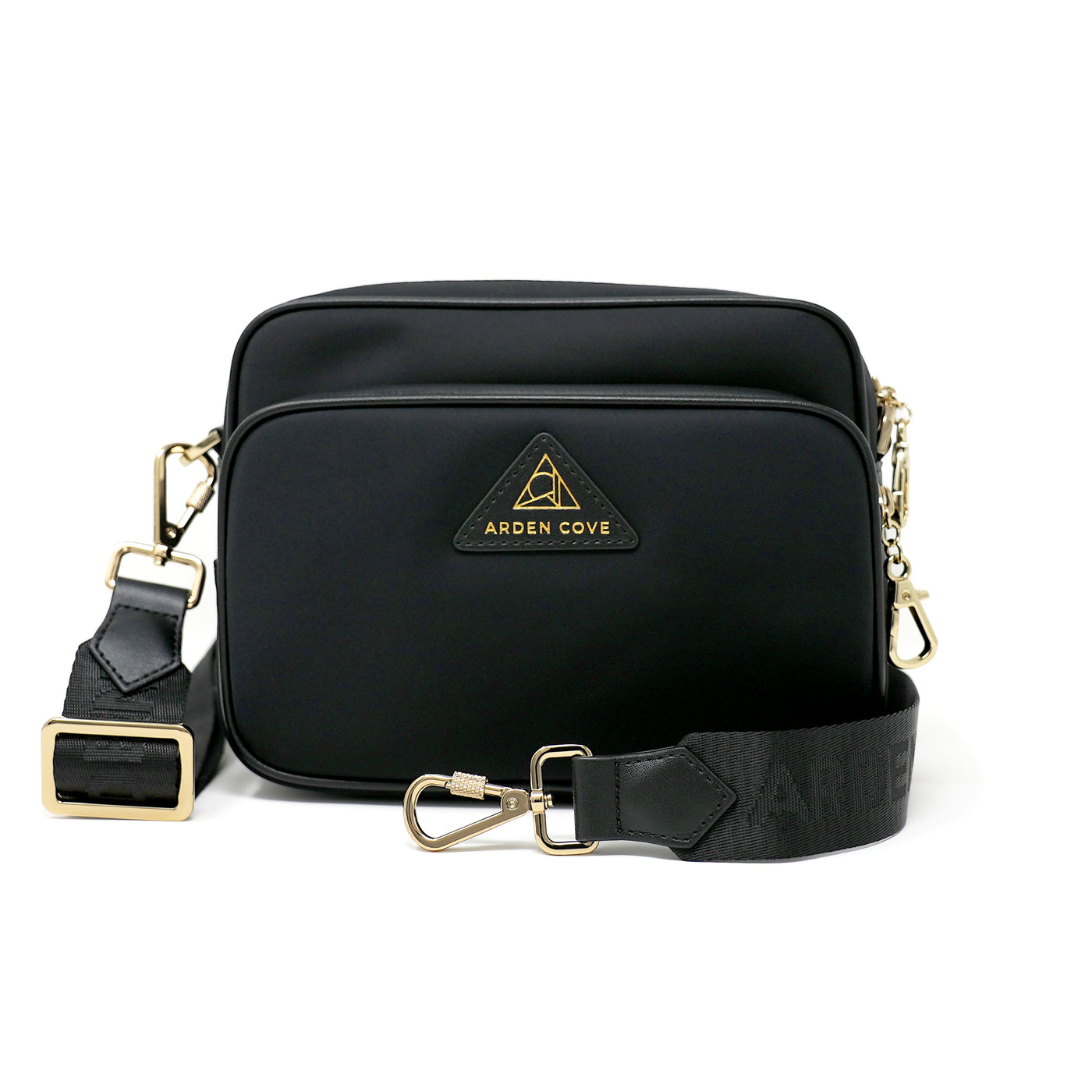 Anti-theft Water-resistant Travel Crossbody - Crissy Full Crossbody in Black Gold with nylon jacquard & locking clasps straps - front view - Arden Cove