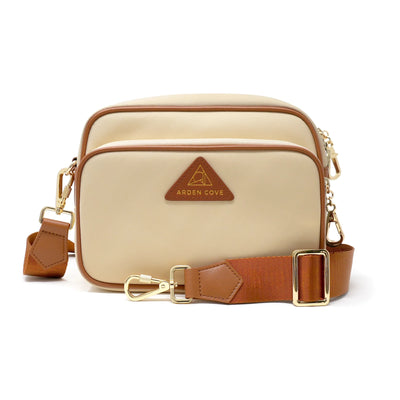 Anti-theft Water-resistant Travel Crossbody - Crissy Full Crossbody in Cream Gold with slash-resistant nylon jacquard strap & locking clasps straps - front view - Arden Cove