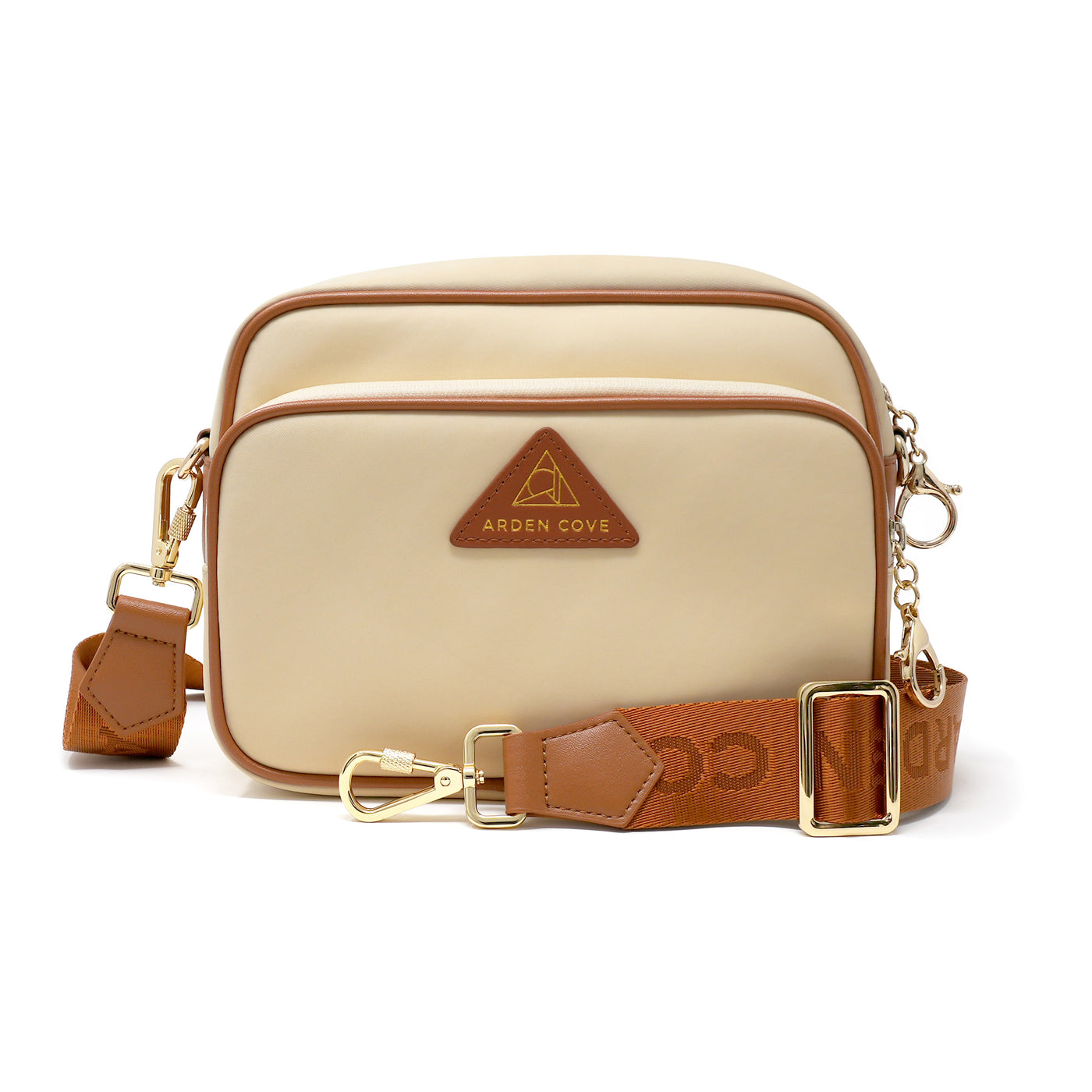 Anti-theft Water-resistant Travel Crossbody - Crissy Full Crossbody in Cream Gold with nylon jacquard strap & locking clasps straps - front view - Arden Cove