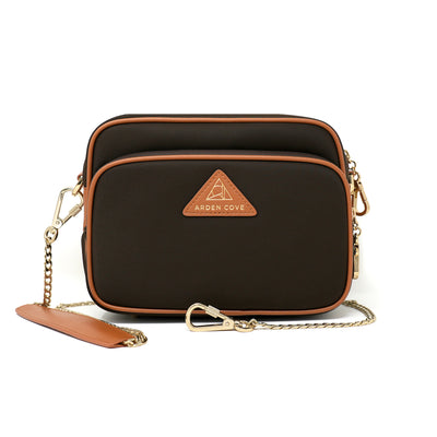 Anti-theft Water-resistant Travel Crossbody - Crissy Full Crossbody in Chocolate Gold with slash-resistant locking clasps chain straps - front view - Arden Cove