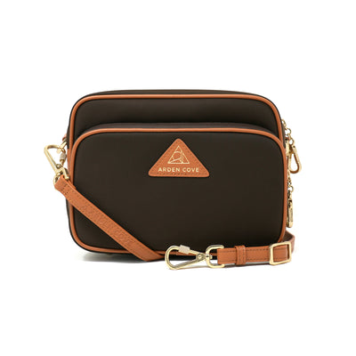 Anti-theft Water-resistant Travel Crossbody - Crissy Full Crossbody in Chocolate Gold with slash-resistant locking clasps straps - front view - Arden Cove