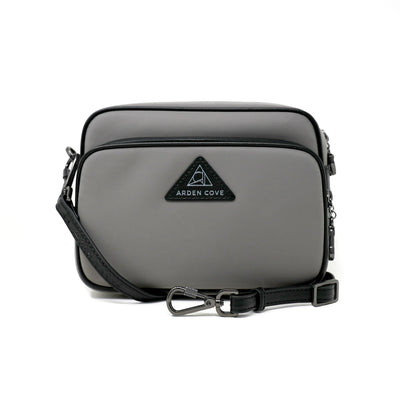 Anti-theft Water-resistant Travel Crossbody - Crissy Full Crossbody in Grey Gunmetal with slash-resistant faux leather & locking clasps straps - front view - Arden Cove