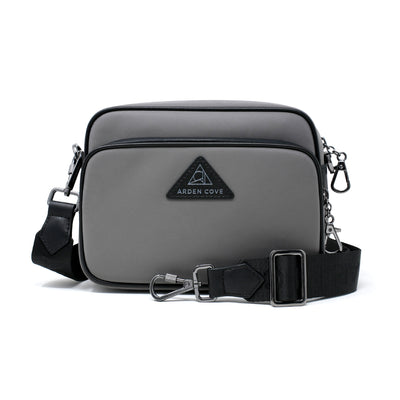 Anti-theft Water-resistant Travel Crossbody - Crissy Full Crossbody in Grey Gunmetal with nylon jacquard & locking clasps straps - front view - Arden Cove