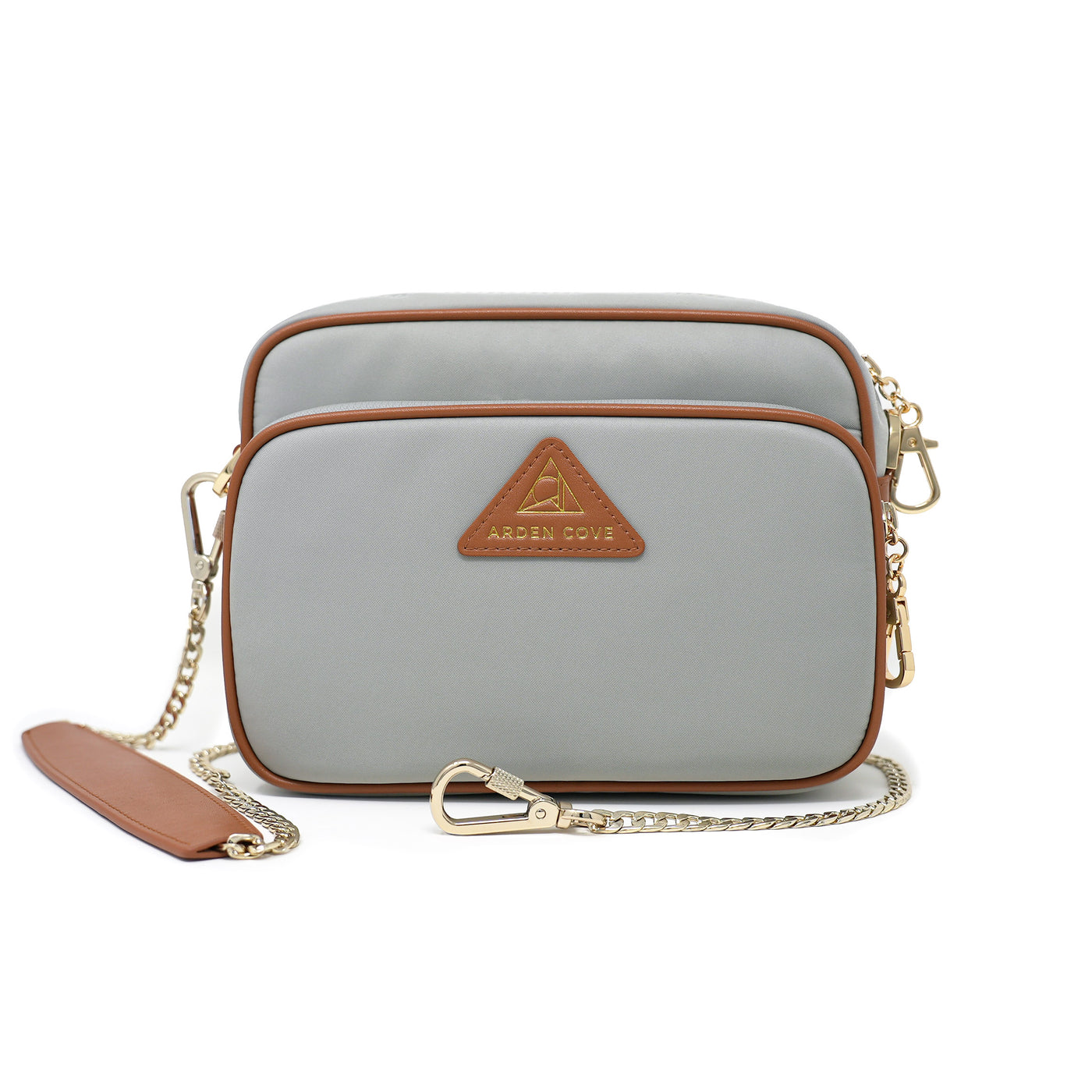 Anti-theft Water-resistant Travel Crossbody - Crissy Full Crossbody in Light Grey Gold with slash-resistant chain locking clasps straps - front view - Arden Cove