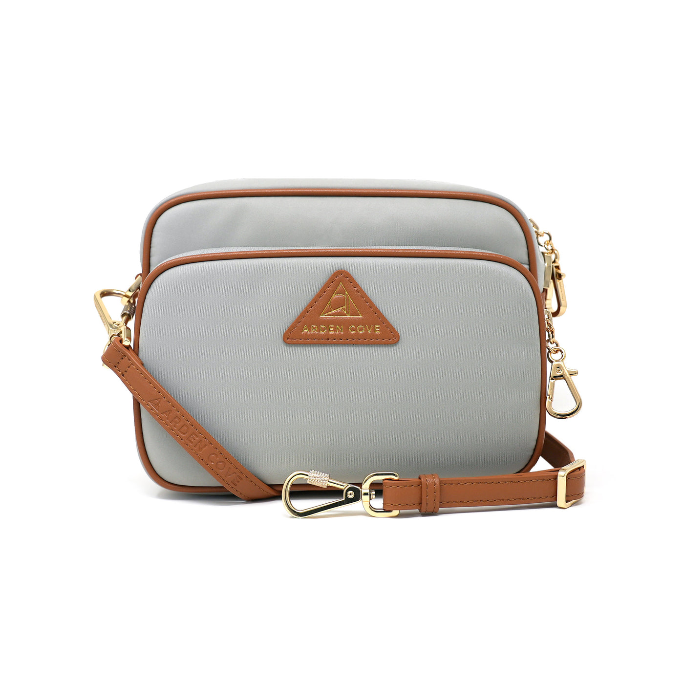Anti-theft Water-resistant Travel Crossbody - Crissy Full Crossbody in Light Grey Gold with slash-resistant faux leather locking clasps straps - front view - Arden Cove
