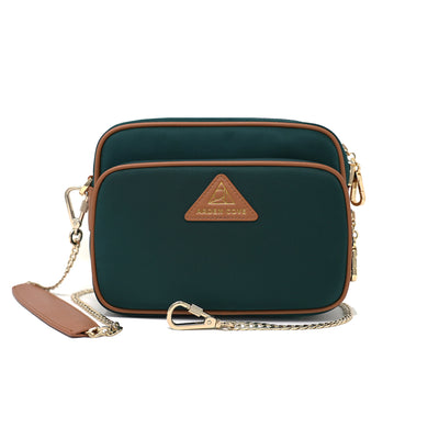Anti-theft Water-resistant Travel Crossbody - Crissy Full Crossbody in Forrest Green Gold with slash-resistant chain locking clasps straps - front view - Arden Cove