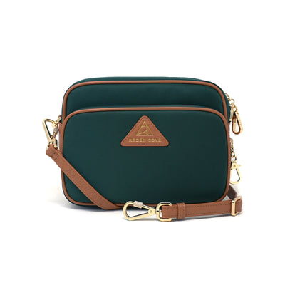 Anti-theft Water-resistant Travel Crossbody - Crissy Full Crossbody in Forrest Green Gold with slash-resistant faux leather locking clasps straps - front view - Arden Cove