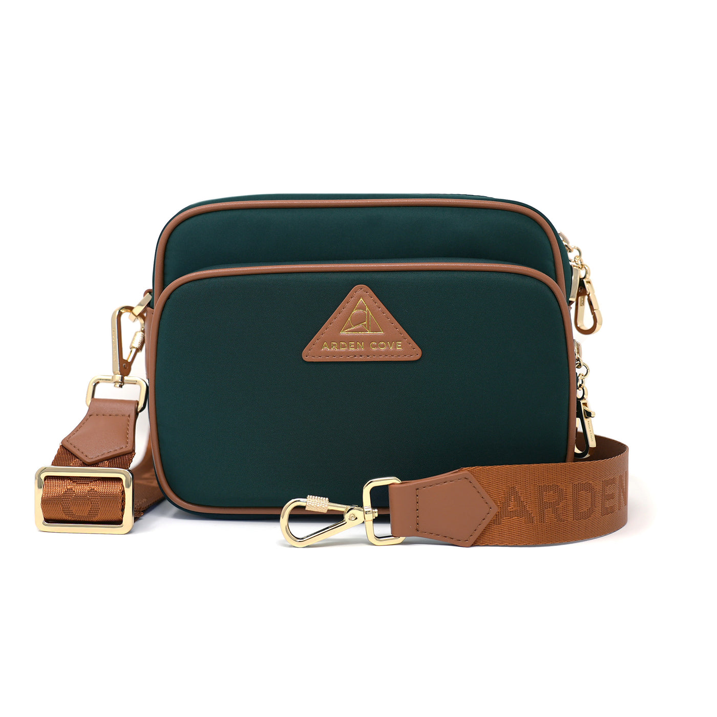 Anti-theft Water-resistant Travel Crossbody - Crissy Full Crossbody in Forrest Green Gold with nylon jacquard locking clasps straps - front view - Arden Cove