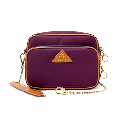 Anti-theft Water-resistant Travel Crossbody - Crissy Full Crossbody in Maroon Gold with slash-resistant locking clasps chain straps - front view - Arden Cove
