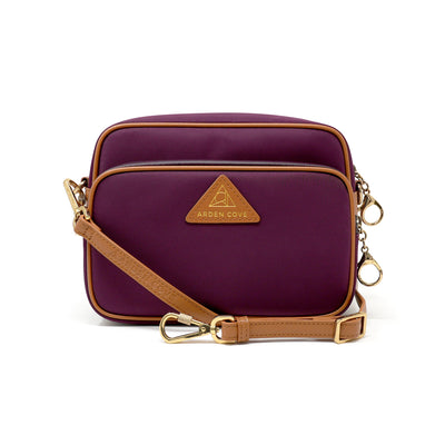 Anti-theft Water-resistant Travel Crossbody - Crissy Full Crossbody in Maroon Gold with slash-resistant locking clasps straps - front view - Arden Cove