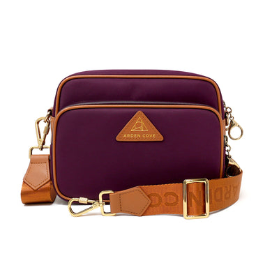 Anti-theft Water-resistant Travel Crossbody - Crissy Full Crossbody in Maroon Gold with nylon jacquard & locking clasps straps - front view - Arden Cove