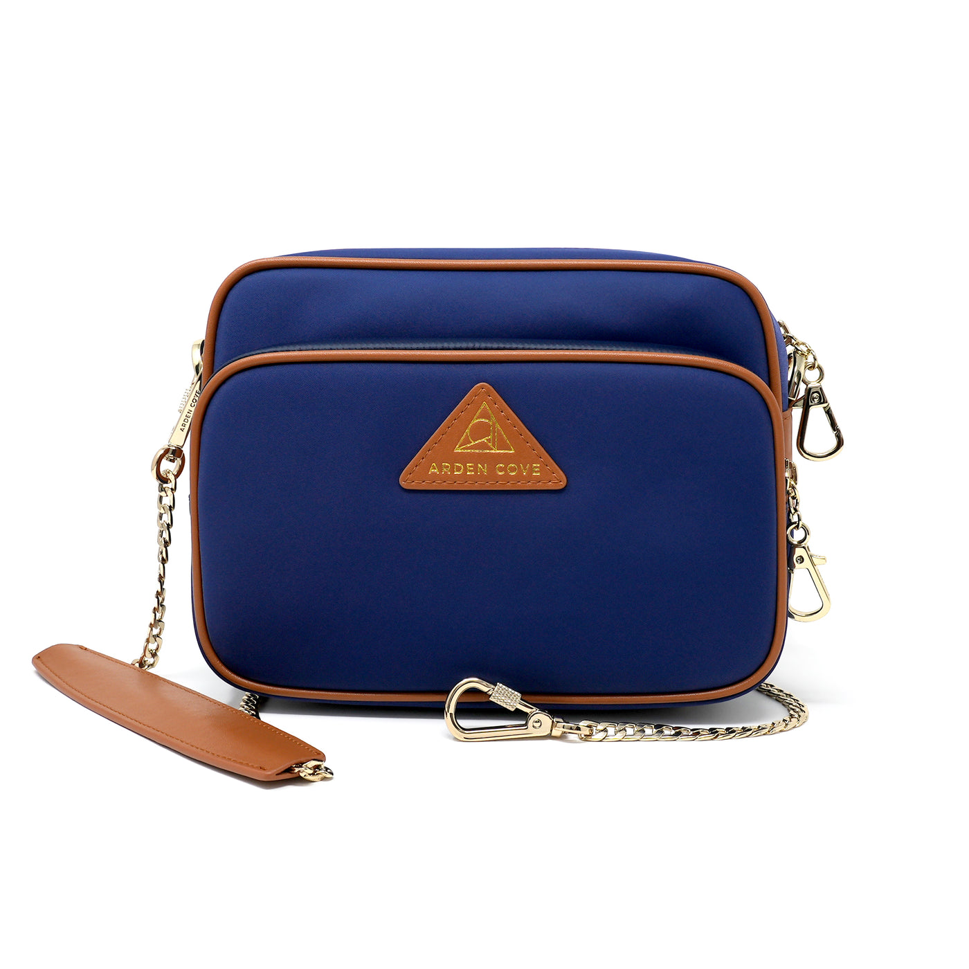 Anti-theft Water-resistant Travel Crossbody - Crissy Full Crossbody in Navy Gold with slash-resistant chain & locking clasps straps - front view - Arden Cove