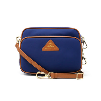Anti-theft Water-resistant Travel Crossbody - Crissy Full Crossbody in Navy Gold with slash-resistant faux leather & locking clasps straps - front view - Arden Cove