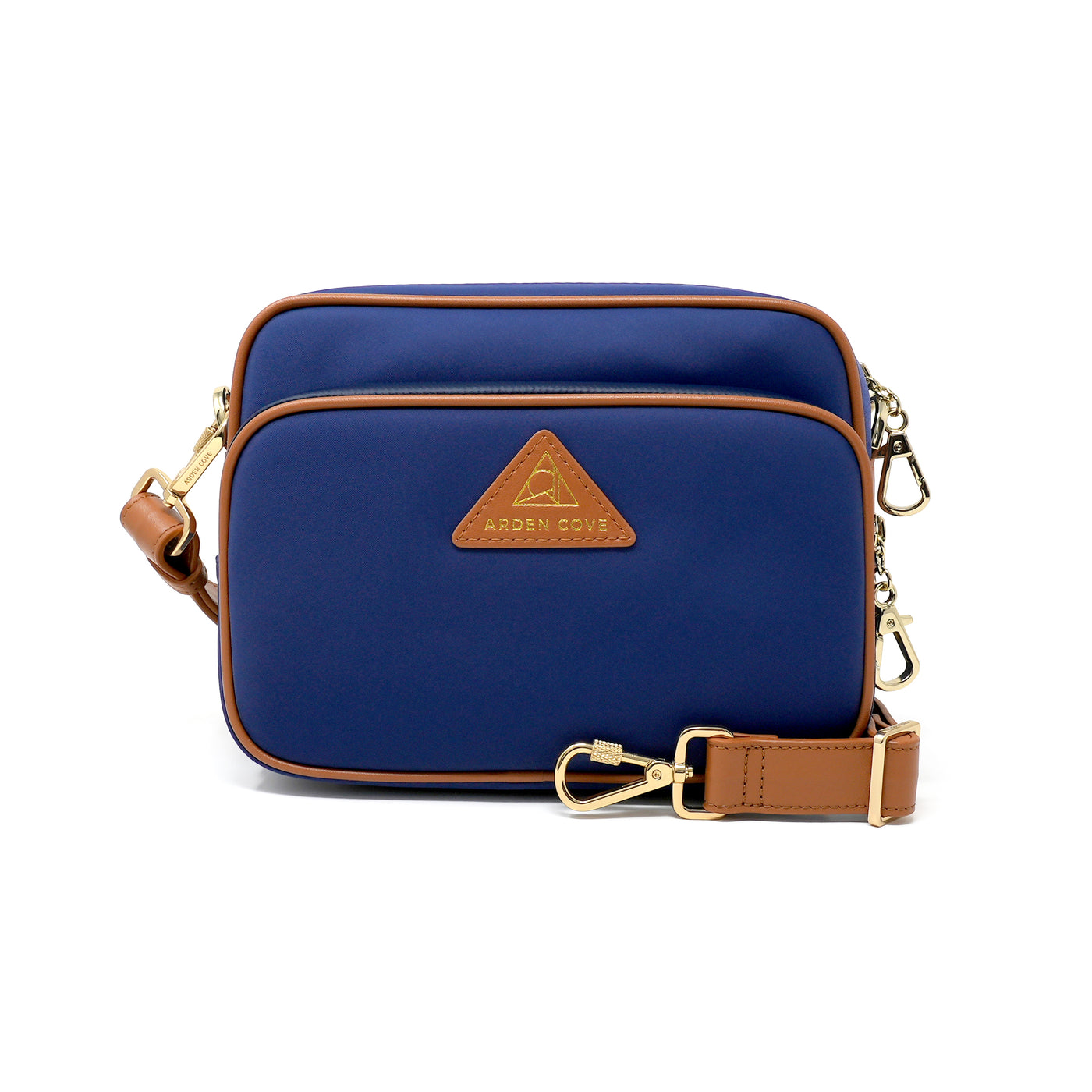Anti-theft Water-resistant Travel Crossbody - Crissy Full Crossbody in Navy Gold with slash-resistant wide faux leather & locking clasps straps - front view - Arden Cove