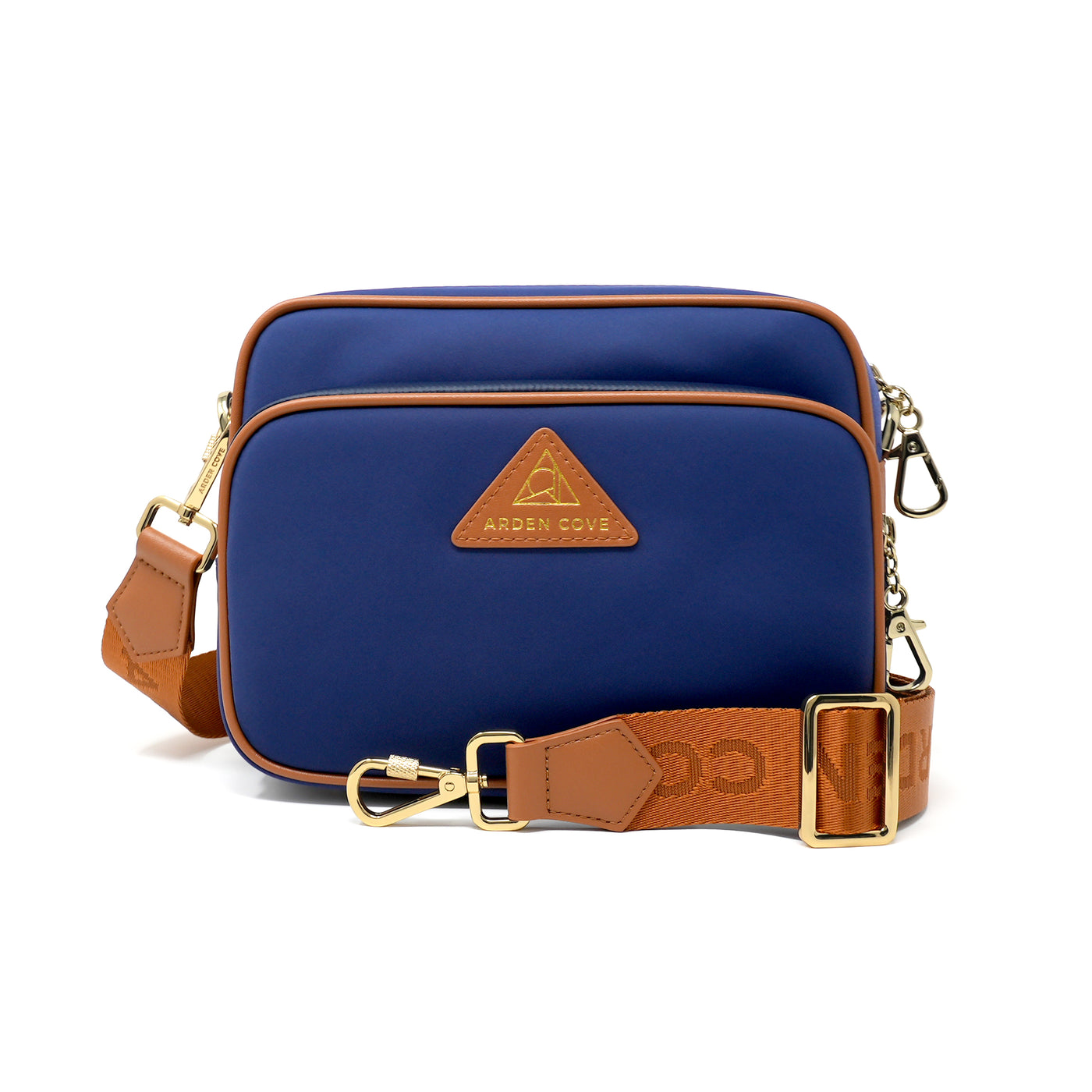 Anti-theft Water-resistant Travel Crossbody - Crissy Full Crossbody in Navy Gold with nylon jacquard & locking clasps straps - front view - Arden Cove