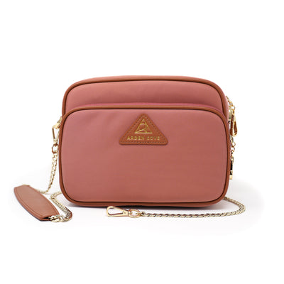 Anti-theft Water-resistant Travel Crossbody - Crissy Full Crossbody in Dusty Pink Gold with slash-resistant chain locking clasps straps - front view - Arden Cove