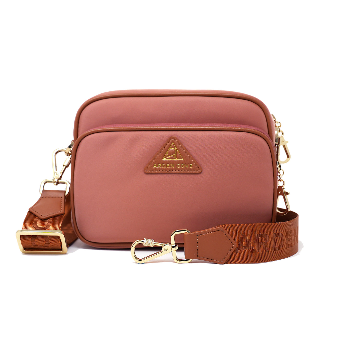 Anti-theft Water-resistant Travel Crossbody - Crissy Full Crossbody in Dusty Pink Gold with nylon jacquard locking clasps straps - front view - Arden Cove