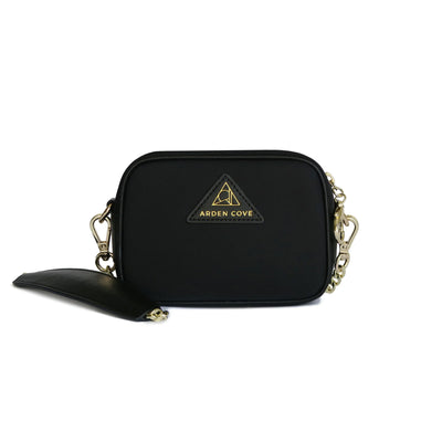 Anti-theft Water-resistant Travel Crossbody - Crissy Mini Crossbody in Black Gold with slash-resistant chain & classic clasps straps - front view - Arden Cove