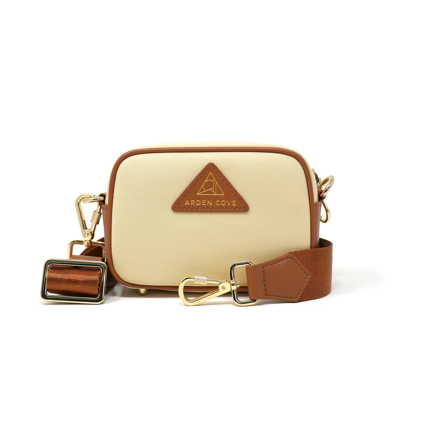 Anti-theft Water-resistant Travel Crossbody - Crissy Mini Crossbody in Cream Gold with nylon slash-resistant jacquard & locking clasps straps - front view - Arden Cove