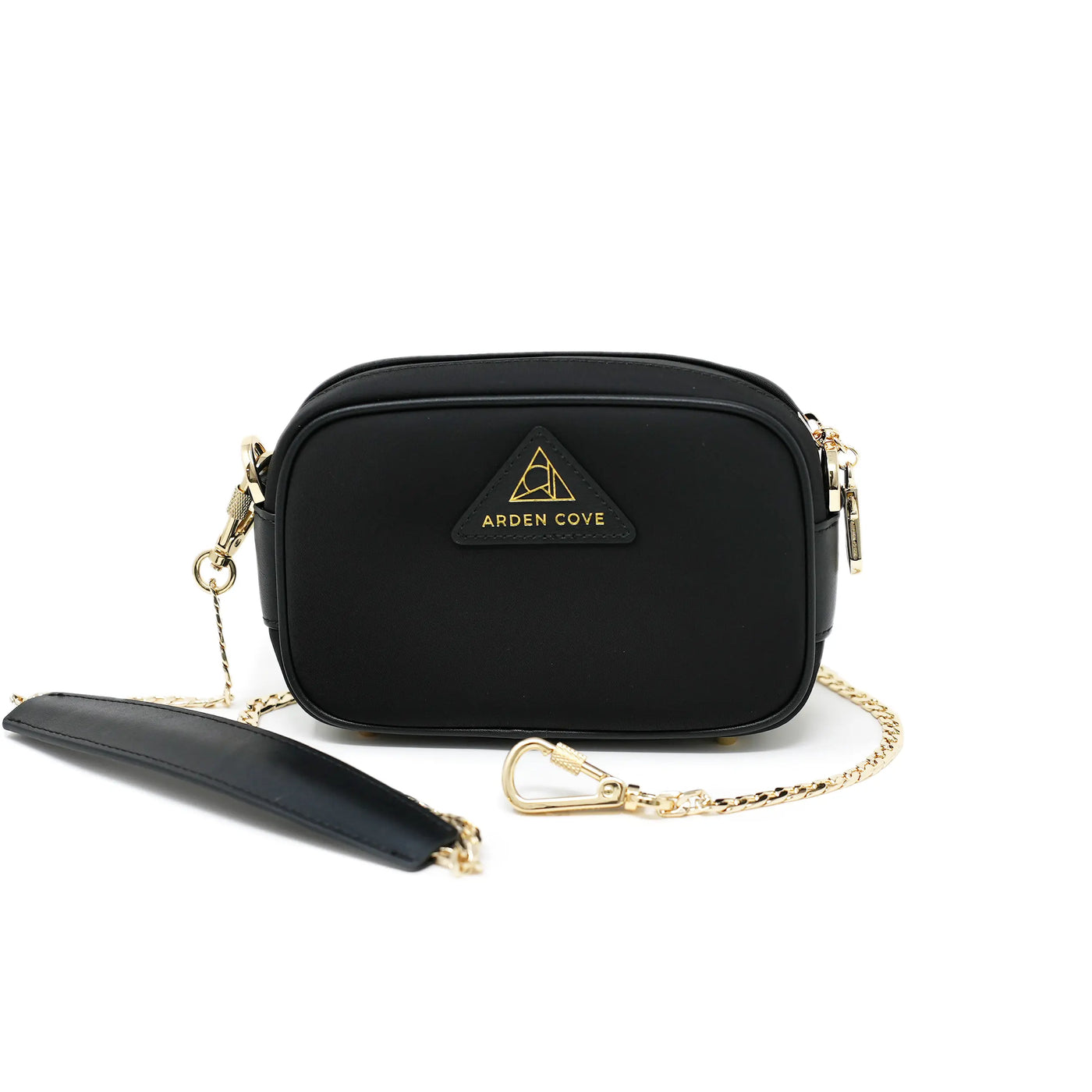 Anti-theft Water-resistant Travel Crossbody - Crissy Mini Crossbody in Black Gold with slash-resistant chain & locking clasps straps - front view - Arden Cove