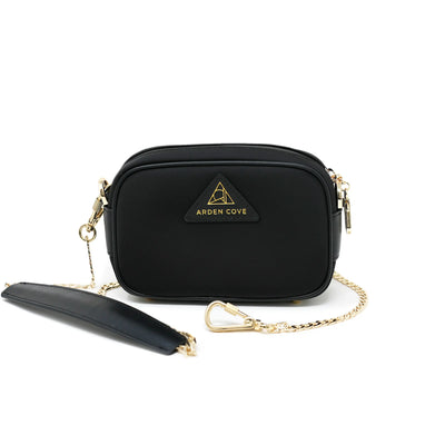 Anti-theft Water-resistant Travel Crossbody - Crissy Mini Crossbody in Black Gold with slash-resistant chain & locking clasps straps - front view - Arden Cove