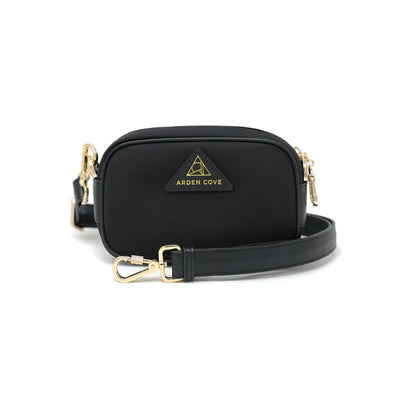Anti-theft Water-resistant Travel Crossbody - Crissy Mini Crossbody in Black Gold with slash-resistant wide faux leather & locking clasps straps - front view - Arden Cove