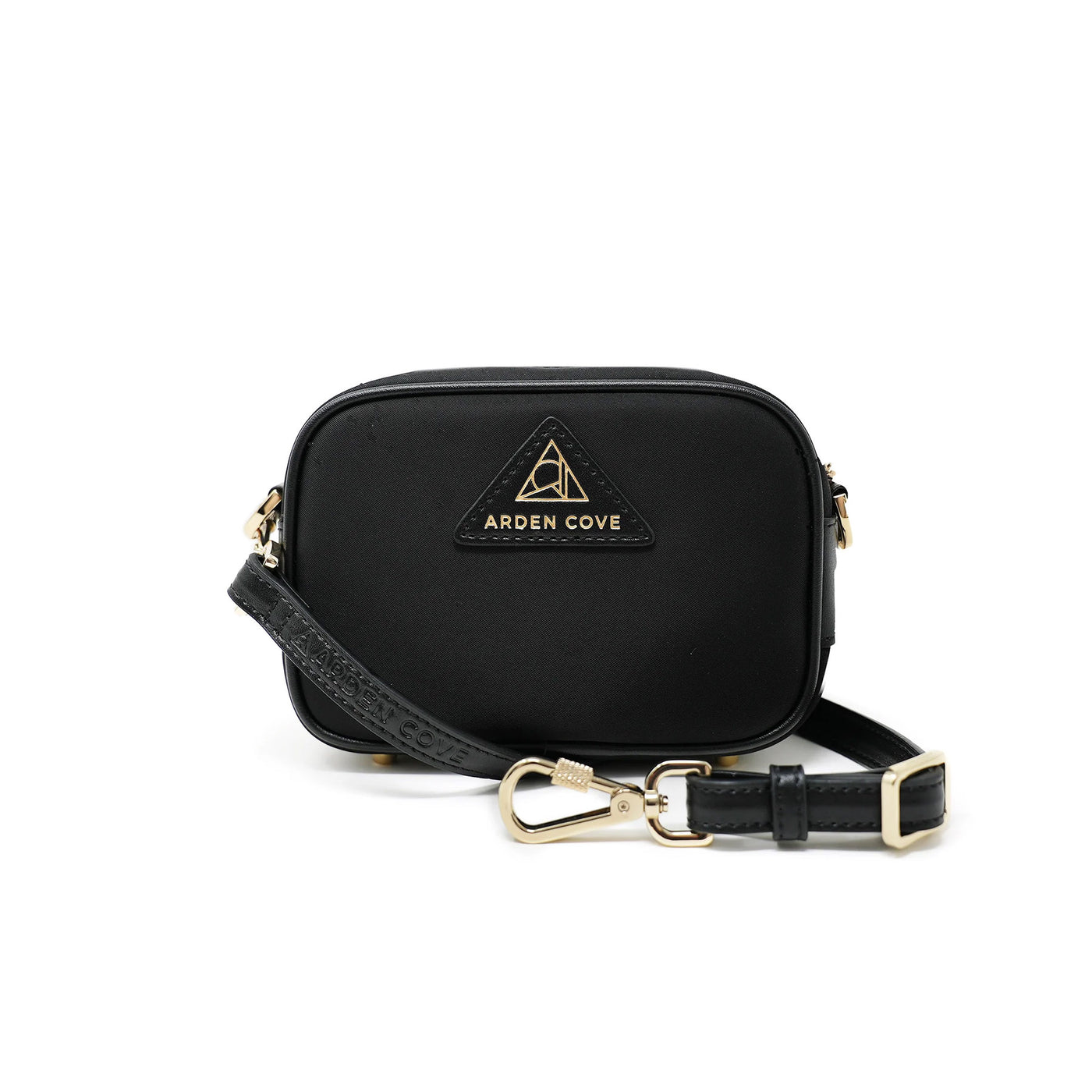 Anti-theft Water-resistant Travel Crossbody - Crissy Mini Crossbody in Black Gold with slash-resistant faux leather & locking clasps straps - front view - Arden Cove