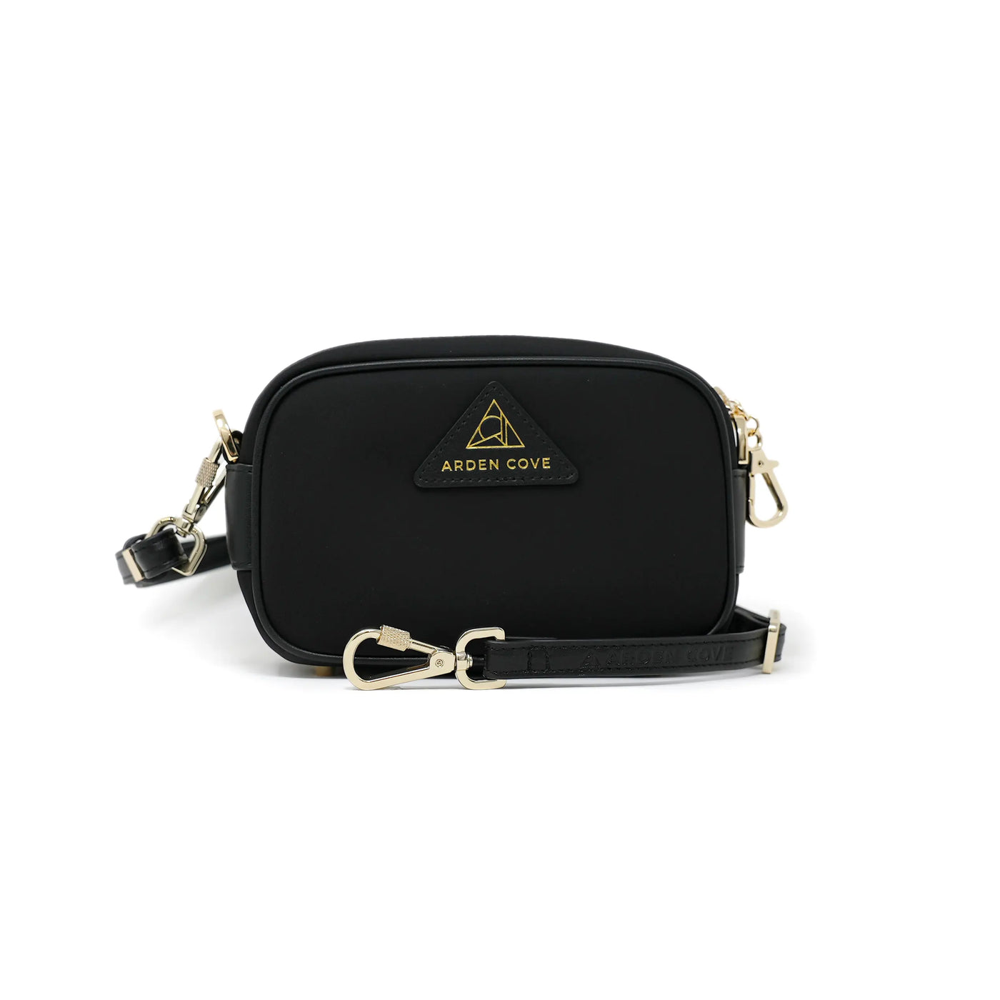 Anti-theft Water-resistant Travel Crossbody - Crissy Mini Crossbody in Black Gold with slash-resistant faux leather & locking clasps straps - front view - Arden Cove