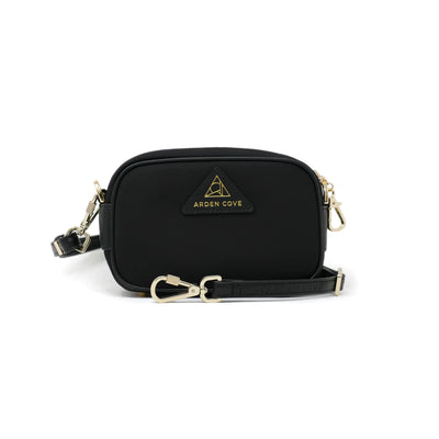 Anti-theft Water-resistant Travel Crossbody - Crissy Mini Crossbody in Black Gold with slash-resistant faux leather & locking clasps straps - front view - Arden Cove