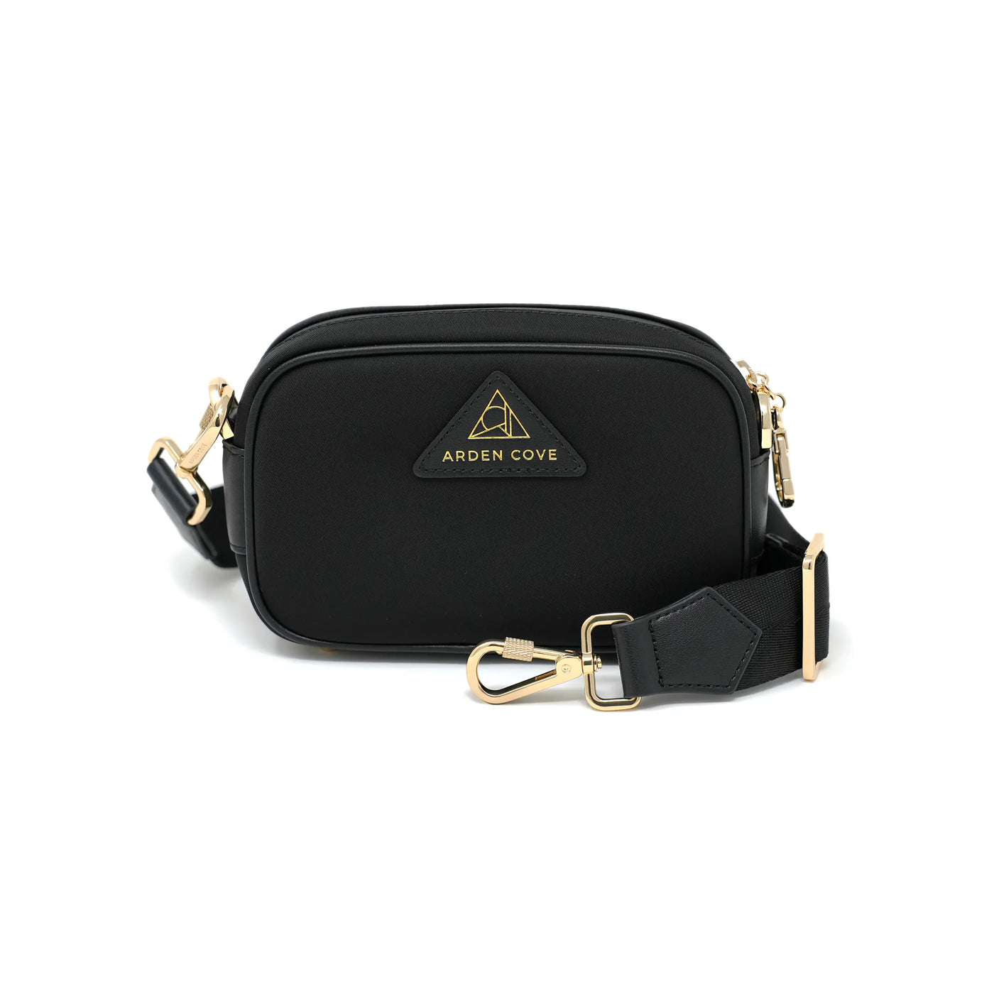 Anti-theft Water-resistant Travel Crossbody - Crissy Mini Crossbody in Black Gold with nylon slash-resistant jacquard & locking clasps straps - front view - Arden Cove