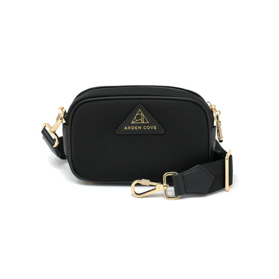 Anti-theft Water-resistant Travel Crossbody - Crissy Mini Crossbody in Black Gold with nylon slash-resistant jacquard & locking clasps straps - front view - Arden Cove