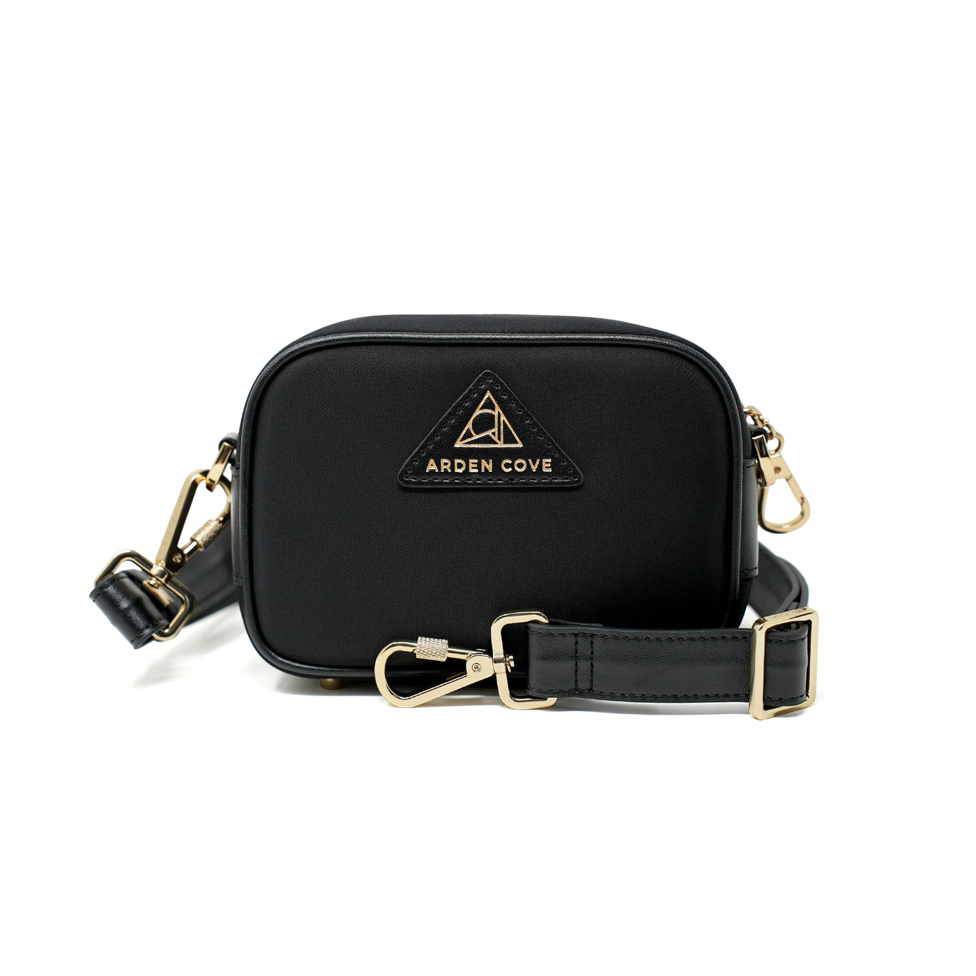 Anti-theft Water-resistant Travel Crossbody - Crissy Mini Crossbody in Black Gold with slash-resistant wide faux leather & locking clasps straps - front view - Arden Cove