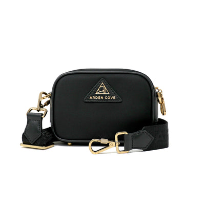 Anti-theft Water-resistant Travel Crossbody - Crissy Mini Crossbody in Black Gold with nylon jacquard & locking clasps straps - front view - Arden Cove