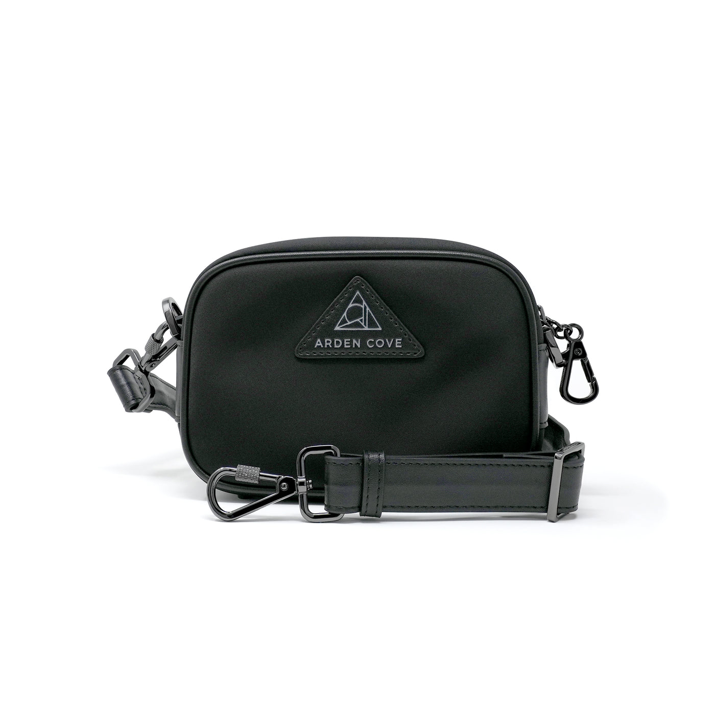 Anti-theft Water-resistant Travel Crossbody - Crissy Mini Crossbody in Black Gunmetal with slash-resistant wide faux leather & locking clasps straps - front view - Arden Cove