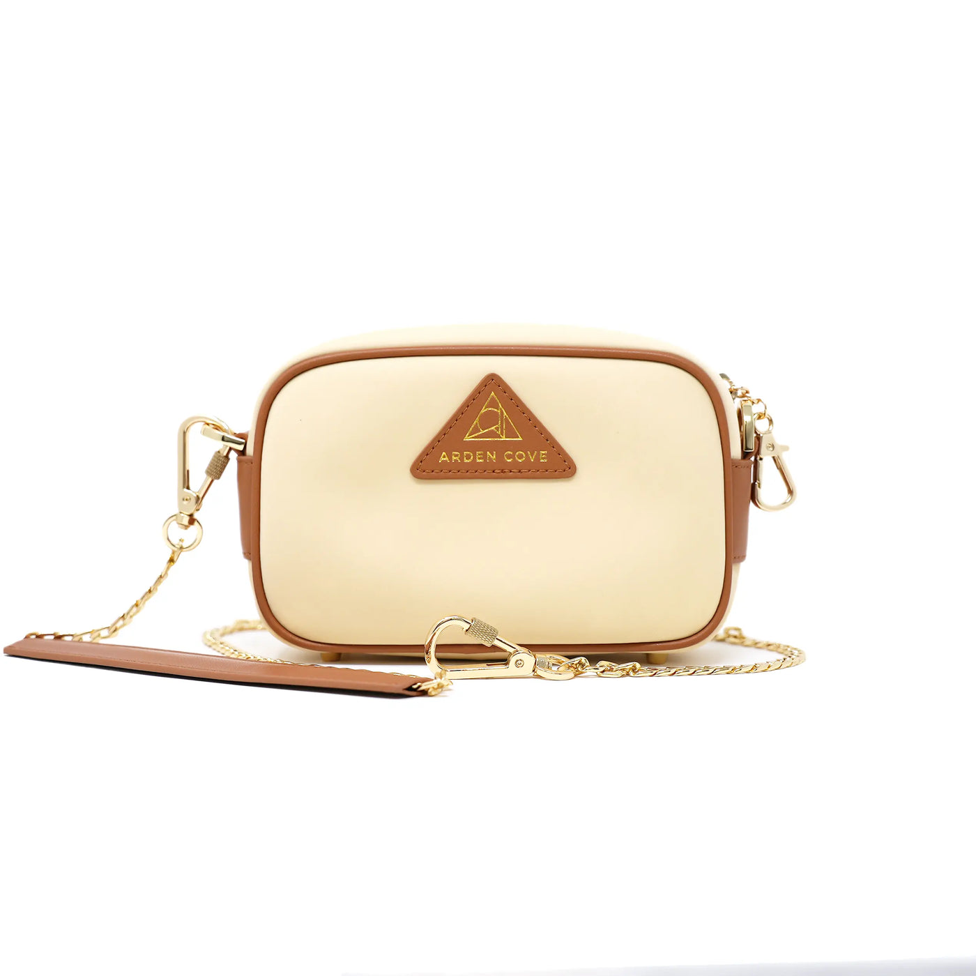 Anti-theft Water-resistant Travel Crossbody - Crissy Mini Crossbody in Cream Gold with slash-resistant chain & locking clasps straps - front view - Arden Cove