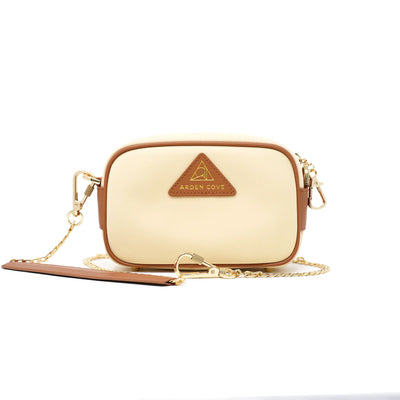 Anti-theft Water-resistant Travel Crossbody - Crissy Mini Crossbody in Cream Gold with slash-resistant chain & locking clasps straps - front view - Arden Cove