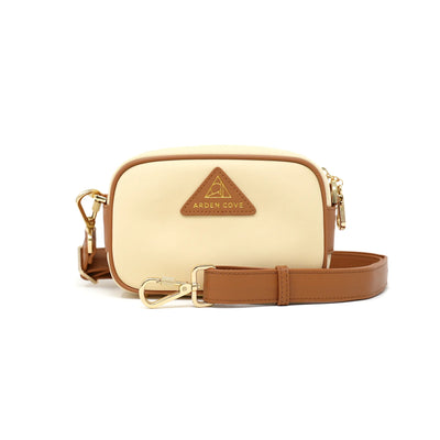 Anti-theft Water-resistant Travel Crossbody - Crissy Mini Crossbody in Cream Gold with slash-resistant wide faux leather & locking clasps straps - front view - Arden Cove