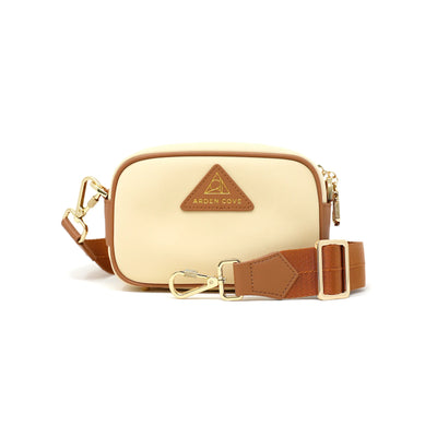 Anti-theft Water-resistant Travel Crossbody - Crissy Mini Crossbody in Cream Gold with nylon slash-resistant jacquard & locking clasps straps - front view - Arden Cove