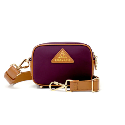Anti-theft Water-resistant Travel Crossbody - Crissy Mini Crossbody in Maroon Gold with slash-resistant wide faux leather & locking clasps straps - front view - Arden Cove
