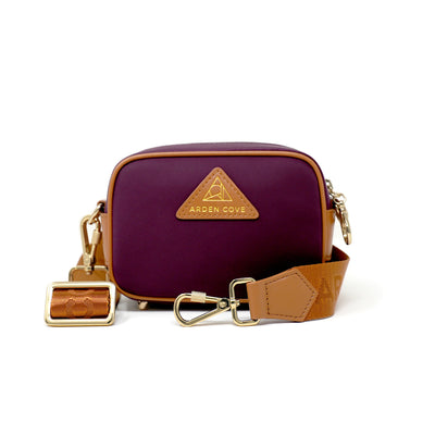 Anti-theft Water-resistant Travel Crossbody - Crissy Mini Crossbody in Maroon Gold with nylon jacquard & locking clasps straps - front view - Arden Cove