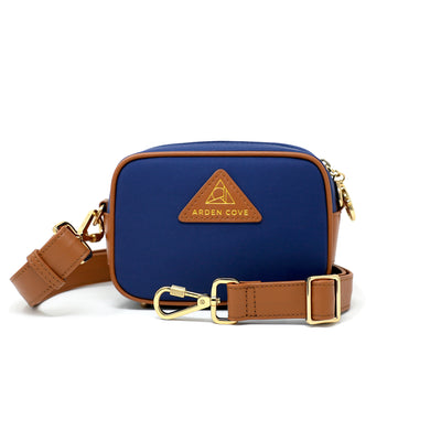 Anti-theft Water-resistant Travel Crossbody - Crissy Mini Crossbody in Navy Gold with slash-resistant wide faux leather & locking clasps straps - front view - Arden Cove