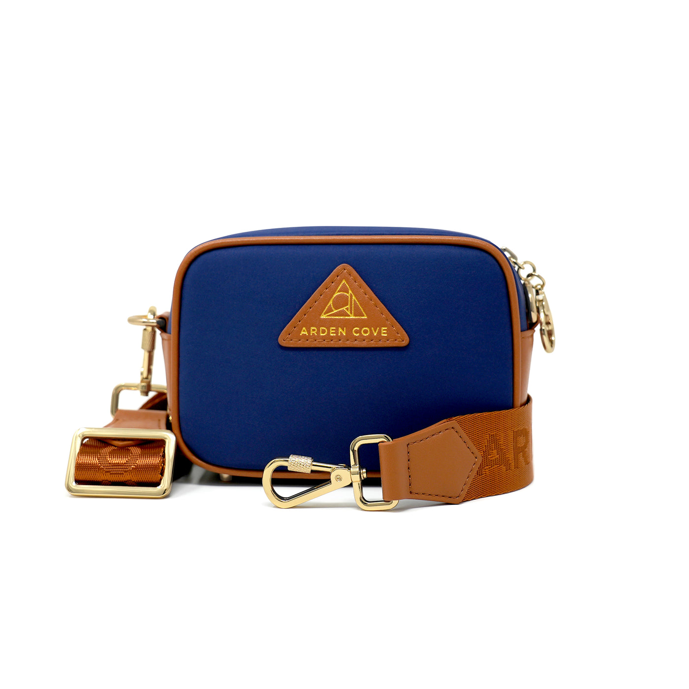 Anti-theft Water-resistant Travel Crossbody - Crissy Mini Crossbody in Navy Gold with nylon jacquard & locking clasps straps - front view - Arden Cove