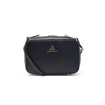 Anti-theft Water-resistant Travel Crossbody - Elise Crossbody in Black Gold with slash-resistant faux leather & locking clasps straps - front view - Arden Cove
