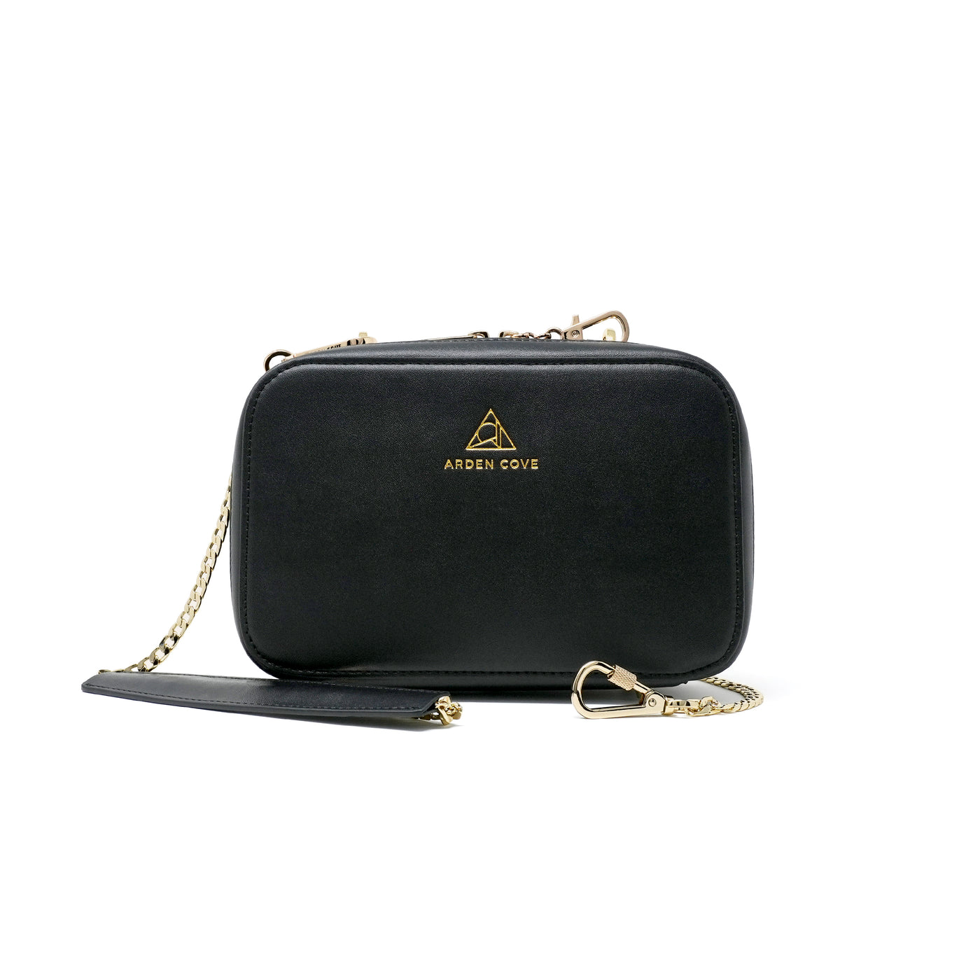 Anti-theft Water-resistant Travel Crossbody - Elise Crossbody in Black Gold with slash-resistant chain & locking clasps straps - front view - Arden Cove