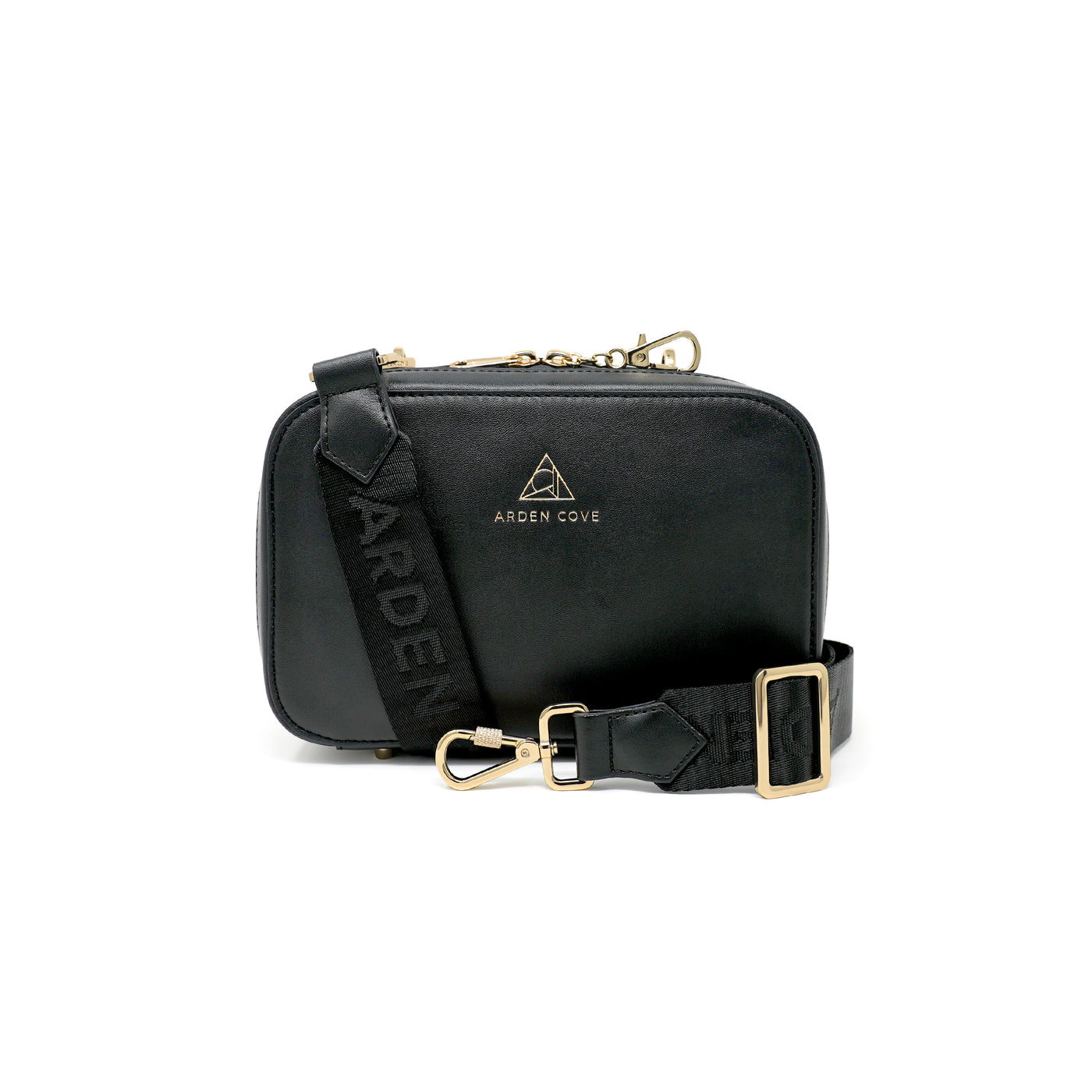 Anti-theft Water-resistant Travel Crossbody - Elise Crossbody in Black Gold with nylon jacquard & locking clasps straps - front view - Arden Cove